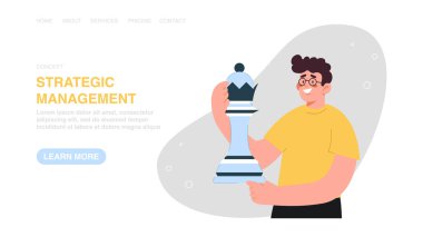 Vector illustration for website, banner with man holds chess figure. Achieving business goals, logic and creativity for great success, strategic management in solving complex work problems. clipart