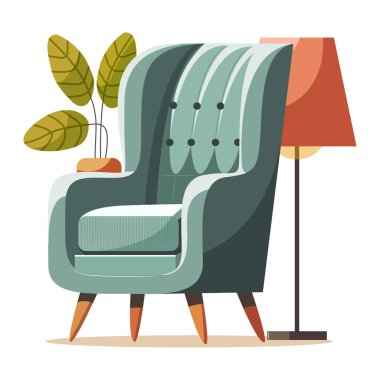 Modern oturma odası, modaya uygun İskandinav koltuğu seti. Beyaz arka planda izole edilmiş ev için vektör düz mobilya koleksiyonu. Rahat yeşil koltuk, yer lambası, saksı bitkisi..