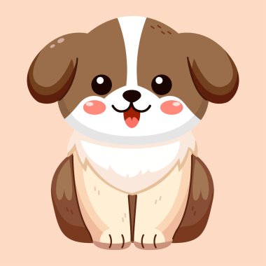 Sevimli ve gülümseyen köpek, karalama evcil hayvan arkadaşı. Komik sevimli köpek mi yoksa düz renkli pofuduk köpek çizgi film karakteri tasarımı mı? Evcil hayvanlar oturuyor. Evcil hayvan arkadaşı arkadaşlığı. Çıkartma ve yazdırma için resim