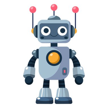 Neşeli komik çizgi film çocuk robotu. Şirin sayborg, fütürist modern robot, android, beyaz arka planda izole edilmiş düz vektör çiziminde gülümseyen karakter. Bilim teknolojisi kavramı.