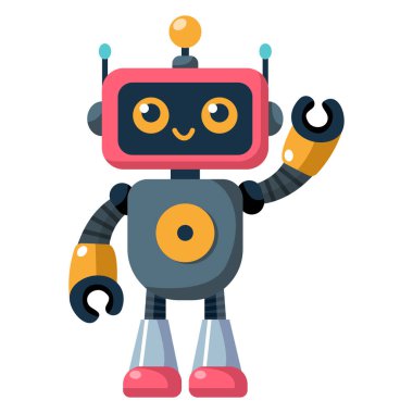 Neşeli komik çizgi film çocuk robotu. Şirin sayborg, fütürist modern robot, android, beyaz arka planda izole edilmiş düz vektör çiziminde gülümseyen karakter. Bilim teknolojisi kavramı.