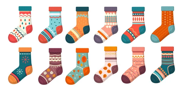 Collection Trendy Cotton Woolen Socks Different Textures Isolated White Background — Stock Vector