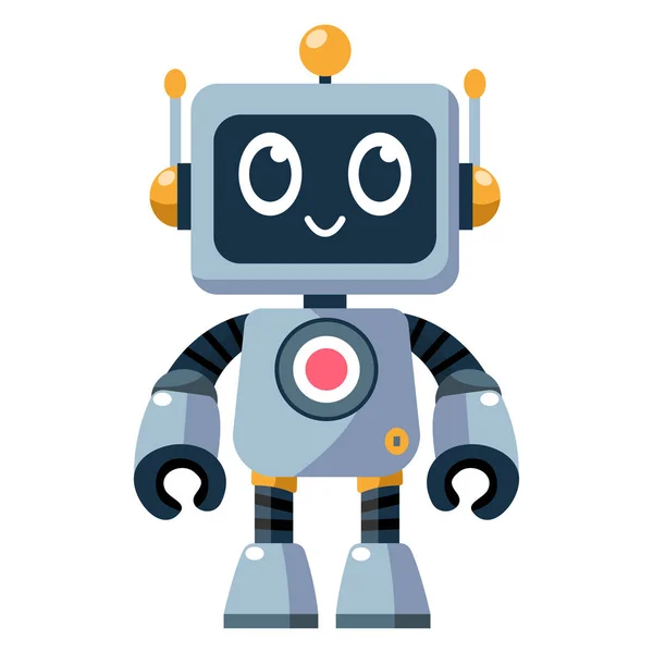 おかしな漫画の子供のロボット かわいいサイボーグ 未来的なモダンなボット アンドロイド 白い背景に隔離された平らなベクトルのイラストで微笑む文字 科学技術コンセプト — ストックベクタ