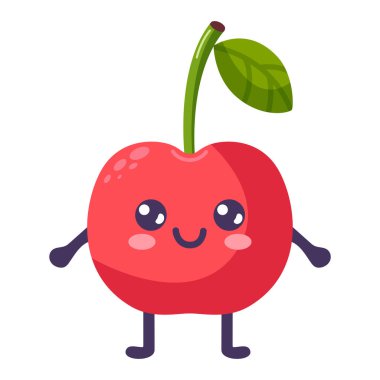 Kirazlı karikatür. Mutlu tatlı meyve karakteri, gülen yüzlü bitki, komik böğürtlen, izole edilmiş grafik elementler. Vektör gıda çizimi.