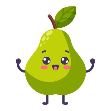 Harika bir çizgi film armudu. Mutlu tatlı meyve karakteri, gülen yüzlü bitki, komik böğürtlen, izole edilmiş grafik elementler. Vektör gıda çizimi.