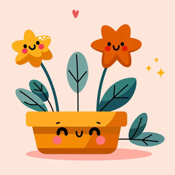 Groovy Cartoon Flowers Happy Cute Two Flowers Orange Pot Cool — Stock Vector