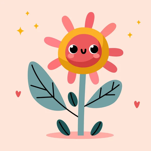 Groovy Cartoon Flower Happy Cute Flower Garden Cool Spring Mascot — Stock Vector