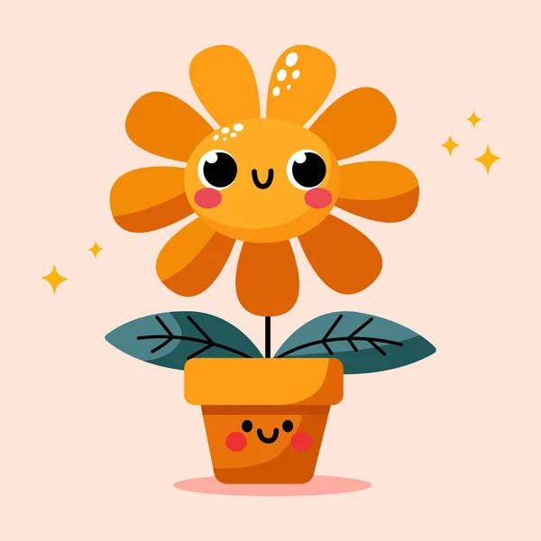 Groovy Cartoon Flower Happy Cute Orange Flower Orange Pot Cool — Stock Vector