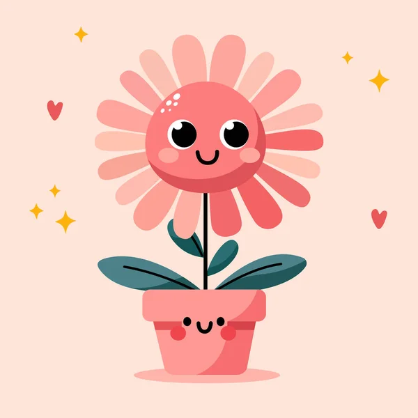 Groovy Cartoon Flower Happy Cute Pink Flower Pink Pot Cool — Stock Vector