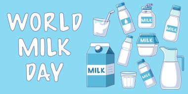 Dünya Süt Günü ve Ulusal Mandıra Ayı. Süt ürünleri seti. Süt seti. Şişe, torba ya da karton süt koleksiyonu. Basit düz tasarım vektör çizimi. 