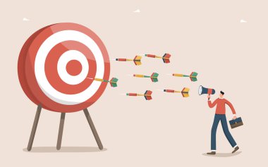 Liderlik nitelikleri iş amaçlarına, zekaya veya yüksek sonuçlar için motivasyona ulaşmada büyük başarı, hedef belirleme, kariyer büyümesi için danışmanlık, hoparlörden dart tahtasına uçan dart