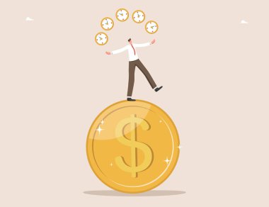 Zaman paradır, yatırım, emeklilik fonu konsepti, yatırım veya depozitonun faiz geliri, ödül kazanmak için başarılı zaman yönetimi, insan paranın üzerinde dururken saati hokkabazlık yapar