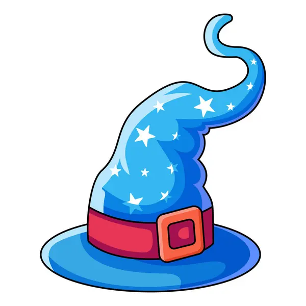 星が付いている青い帽子 漫画の魔女の帽子 ハロウィンパーティーの衣装のためのウィザードキャップ ベクトル漫画 ファンタジーの古い魔術師や魔法の帽子のイラスト — ストックベクタ