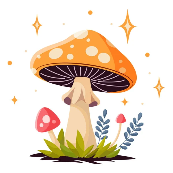 Vector Cartoon Style Fairy Magic Fantasy Mushrooms Grass Twigs Magic — Stock Vector