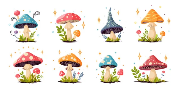 Collection Fairy Magic Fantasy Mushrooms Grass Twigs Magic Forest Set — Stock Vector