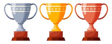 Büyük kulplu fincanlar. Kazanan kupalar, ödüller. Şampiyonluk kupası, kazanan kadehler. Ödül ikonları. Şampiyonluk için parlak şampiyon kupaları. Bir spor müsabakasında zafer sembolleri, yarışma