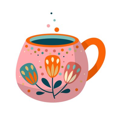 Soyut çiçek desenli bir kupa. Seramik sofra takımı. Farklı şekil ve kalıplardan oluşan şirin yemekler. Klasik İngiliz çay fincanı, kahve fincanı, mutfak kupası, çay fincanı. El çizimi renk vektörü çizimi.