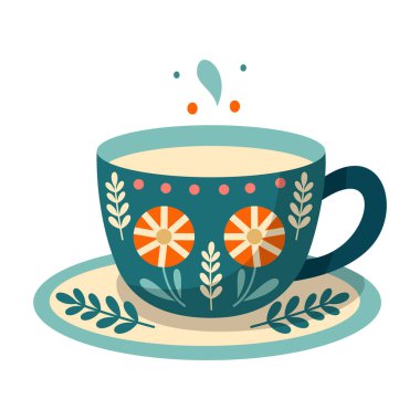 Soyut çiçek desenli bir kupa. Seramik sofra takımı. Farklı şekil ve kalıplardan oluşan şirin yemekler. Klasik İngiliz çay fincanı, kahve fincanı, mutfak kupası, çay fincanı. El çizimi renk vektörü çizimi.