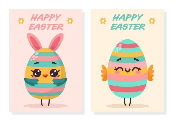 Set Cards Cute Characters Easter Eggs Happy Easter Celebration Traditional — Stock Vector