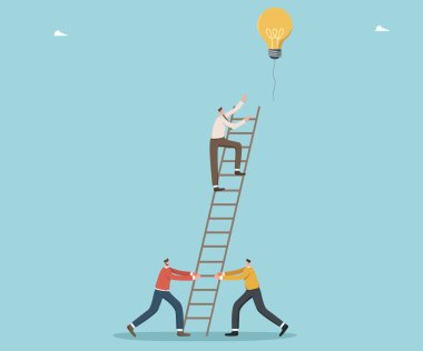 İş büyütmek için parlak fikirler üretmede liderlik, hedeflere ulaşmak için zorlukların, zekanın veya yaratıcılığın üstesinden gelme, yenilik için danışmanlık yapma, ampul üzerindeki adam balona uzanır..