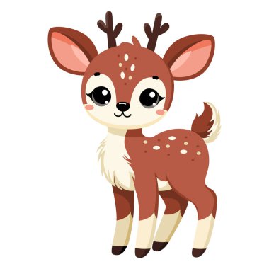 Sevimli, mutlu bir geyik, küçük bir sarna, komik bir yumurta. Beyaz arka planda izole edilmiş sonbahar orman hayvanı. Düz vektör çizimi. Sonbahar sezonu çıkartmaları ve klipleri.