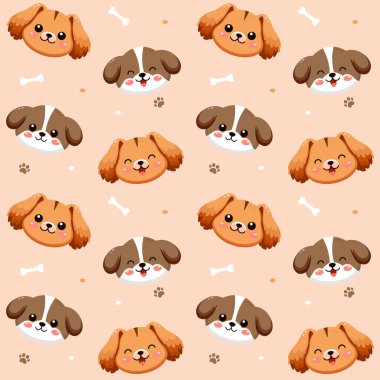 Şirin köpek desenli, farklı gülümseyen surat köpek, komik sevimli köpek ya da tüylü köpek yavrusu, karalama evcil hayvan arkadaşı. Etiket ve yazdırma için düz biçimdeki vektör illüstrasyonuName.