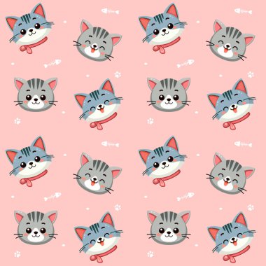 Şirin kedi desenli, farklı gülümseyen yüzlü kedi, komik sevimli kedi ya da tüylü kedi yavrusu, evcil hayvan arkadaşı. Etiket ve yazdırma için düz biçimdeki vektör illüstrasyonuName.