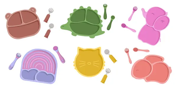 Коллекция Векторных Иллюстраций Детского Набора Посуды Набора Красочных Детских Блюд — стоковый вектор