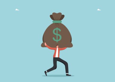 Hard labour for increasing income and wages, motivation for financial growth, improving the economy, profitability of the investment portfolio, way to wealthy, man carries a huge bag of money. clipart