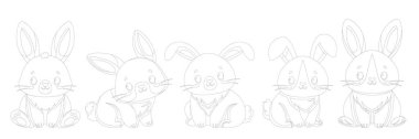 Küçük sevimli tavşanların boyama kitabı. Duvar kâğıdı, çocuk kıyafetleri ve oyuncakları için hayvan boyama sayfası. Düz vektör çizimi beyaz arkaplanda izole edildi. Mutlu Paskalyalar..