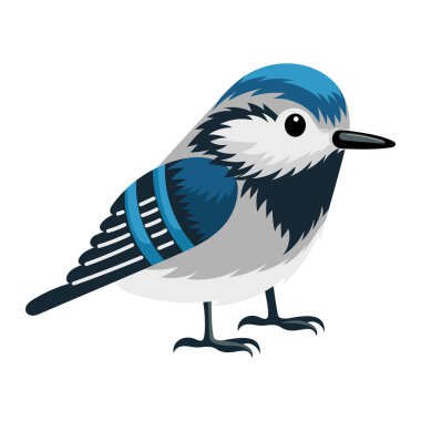 Neşeli uçan bahar kuşu. Çizgi film kuşu, beyaz arkaplanda çocuksu bir şekilde izole edilmiş..