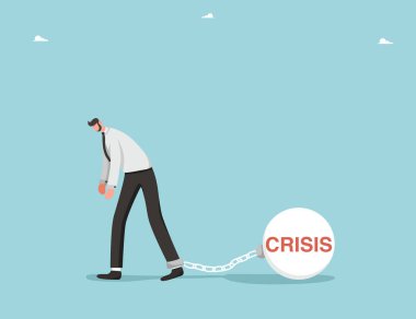 Financial difficulties, decrease in value of business or company shares, stock market crash, economic crisis, business failure, loss of cash, lose investments, a man is shackled in crisis. clipart