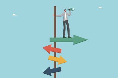 Planlama stratejisi, iş hedeflerine ulaşmanın yolları, yüksek sonuçlar için yeni fırsatlar aramak, kariyer gelişiminin yönü, başarıya giden yol, insan işaretçinin üzerinde duruyor ve teleskoptan bakıyor.