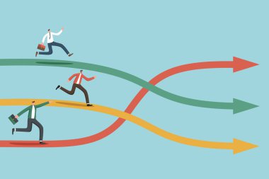 Karşıt iş vizyonu, takım oyuncuları anlaşmazlık veya takım çatışması, finişe ulaşmak için alternatif seçim, pazar rekabeti, farklı iş geliştirme stratejileri, işadamları ok boyunca yarışıyor.