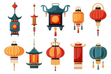 Collection of Japanese or Chinese lantern. Chinese New Year, Mid Autumn Festival background. Flat minimalist geometric design. Vector hand drawn illustration of national Japan, China, Asia. clipart