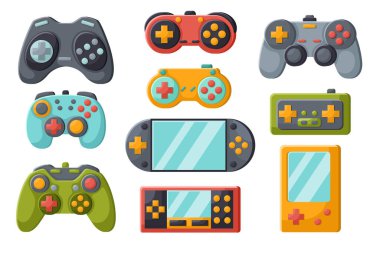 Video oyunu joystickleri koleksiyonu. Retro oyun konsolları ve kablosuz oyun pedleri, beyaz arkaplandaki oyun kontrolörlerinin simgeleri, elektronik dijital cihazlar, oyuncular için aksesuar, oyun teknolojisi.