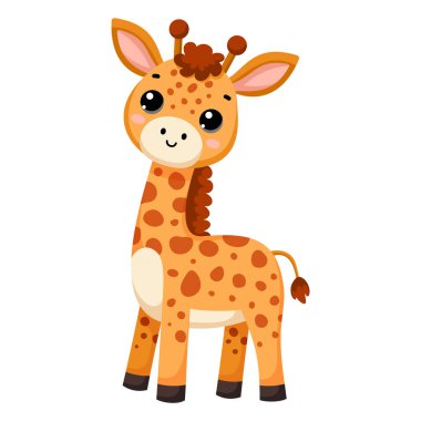 Beyaz arka planda izole edilmiş İskandinav tarzında şirin Afrika vahşi zürafası. Tekstil, poster, kıyafet tasarımı için vektör karikatür çizimi.
