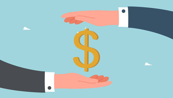 Командная работа для роста доходов и заработной платы, сотрудничество для финансовой и экономической стабильности, увеличение инвестиций или сбережений, повышение стоимости валюты, большие руки защищают знак доллара.