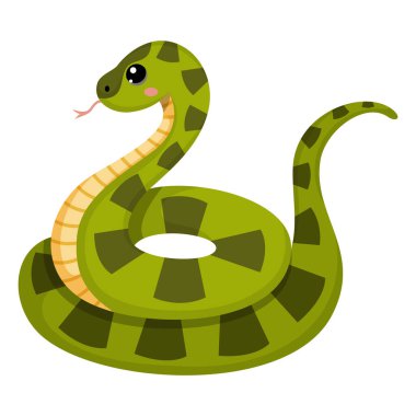 Şirin yeşil yılan. Renkli boğucu sürüngen. Çin Yeni Yıl sembolü. Beyaz arka planda izole edilmiş komik yılan karakteri. Kart, etiket, takvim için vektör illüstrasyonu.