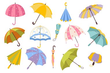 Açık, kapalı ve katlanmış çok renkli şemsiyeler. Yağmurlu mevsimlik şemsiyeler. Farklı tasarım aksesuarlarını korumak. Sonbahar, bahar mevsimi. Düz biçimli elle çizilmiş vektör illüstrasyonu.