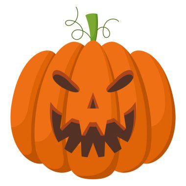 Kızgın suratlı ürkütücü Cadılar Bayramı kabağı. Çizgi film karakterinin vektör çizimi. El çizimi renkli sonbahar balkabağı beyaz arka planda izole.