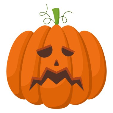 Kızgın suratlı ürkütücü Cadılar Bayramı kabağı. Çizgi film karakterinin vektör çizimi. El çizimi renkli sonbahar balkabağı beyaz arka planda izole.