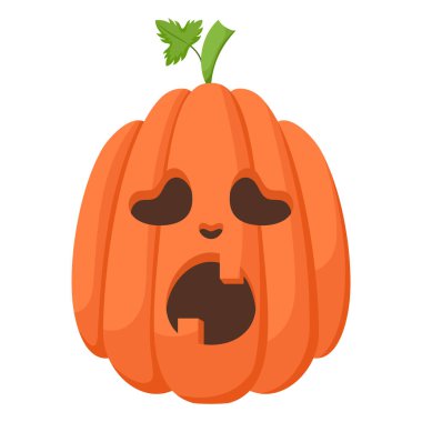 Kızgın suratlı ürkütücü Cadılar Bayramı kabağı. Çizgi film karakterinin vektör çizimi. El çizimi renkli sonbahar balkabağı beyaz arka planda izole.