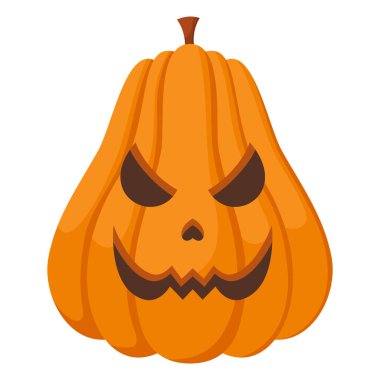 Kızgın suratlı ürkütücü Cadılar Bayramı kabağı. Çizgi film karakterinin vektör çizimi. El çizimi renkli sonbahar balkabağı beyaz arka planda izole.