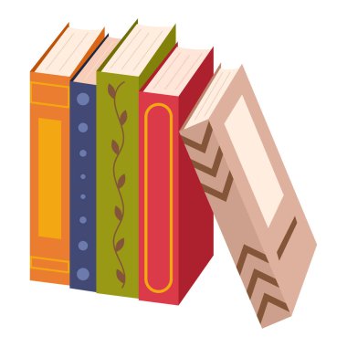 Farklı rengarenk kitaplar. Bir yığın kitap. Eğitim teması. Vektör illüstrasyonu beyaz arkaplanda izole edildi.