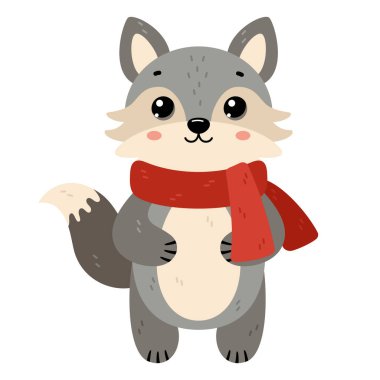 Kurt sıcak eşarp takıyor. Beyaz arka planda izole edilmiş kışın orman hayvanı. Düz vektör çizimi. Kış ve sonbahar tasarımı, soğuk hava simgesi çıkartması.