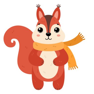 Sıcak eşarp takan sincap. Beyaz arka planda izole edilmiş kışın orman hayvanı. Düz vektör çizimi. Kış ve sonbahar tasarımı, soğuk hava simgesi çıkartması.