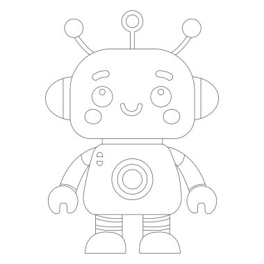 Coloring book of cheerful funny cartoon children's robot. Coloring page of cute cyborg, futuristic modern bot, android, smiling character in flat vector illustration isolated on white background. clipart