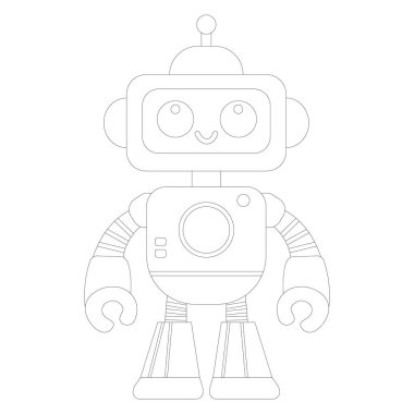 Coloring book of cheerful funny cartoon children's robot. Coloring page of cute cyborg, futuristic modern bot, android, smiling character in flat vector illustration isolated on white background. clipart