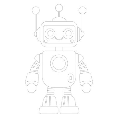 Neşeli çizgi film çocuk robotunun boyama kitabı. Sevimli sayborgun renkli sayfası, fütürist modern robot, android, düz vektör çiziminde gülümseyen karakter beyaz arka planda izole edilmiş..